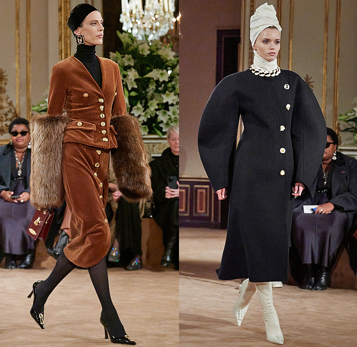 Schiaparelli 2023-2024 Fall Autumn Winter Womens Runway Collection - Paris Fashion Week Femme PFW - Hand-Painted Stencils Dove Keyhole Anatomy Silhouette Surrealist Bijoux Gold Buttons  Seashell Turtleneck Sweater Fur Velvet Blazer Head Wrap Headband Leg O'Mutton Sleeves Wool Quilted Puffer Parka Pillow Coat Cardigan Denim Jeans Worker Pants Pockets Pleats Miniskirt Cuffs Strapless Peplum Dress Cutout Coatdress Cone Breasts Tights Heels Face Bag Wrapped Heels Balaclava