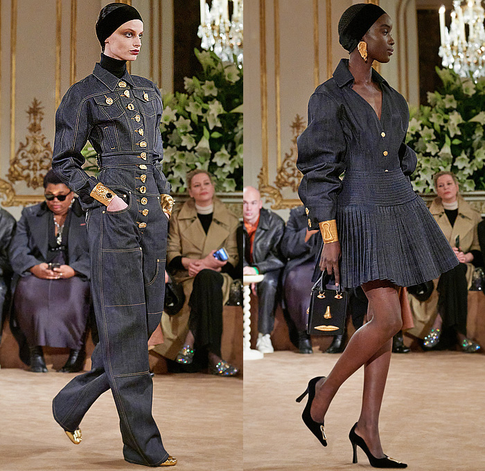 Schiaparelli 2023-2024 Fall Autumn Winter Womens Runway Collection - Paris Fashion Week Femme PFW - Hand-Painted Stencils Dove Keyhole Anatomy Silhouette Surrealist Bijoux Gold Buttons  Seashell Turtleneck Sweater Fur Velvet Blazer Head Wrap Headband Leg O'Mutton Sleeves Wool Quilted Puffer Parka Pillow Coat Cardigan Denim Jeans Worker Pants Pockets Pleats Miniskirt Cuffs Strapless Peplum Dress Cutout Coatdress Cone Breasts Tights Heels Face Bag Wrapped Heels Balaclava