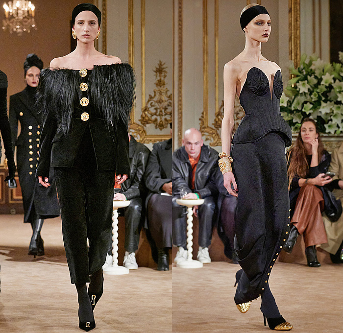 Schiaparelli 2023-2024 Fall Autumn Winter Womens Runway Collection - Paris Fashion Week Femme PFW - Hand-Painted Stencils Dove Keyhole Anatomy Silhouette Surrealist Bijoux Gold Buttons  Seashell Turtleneck Sweater Fur Velvet Blazer Head Wrap Headband Leg O'Mutton Sleeves Wool Quilted Puffer Parka Pillow Coat Cardigan Denim Jeans Worker Pants Pockets Pleats Miniskirt Cuffs Strapless Peplum Dress Cutout Coatdress Cone Breasts Tights Heels Face Bag Wrapped Heels Balaclava