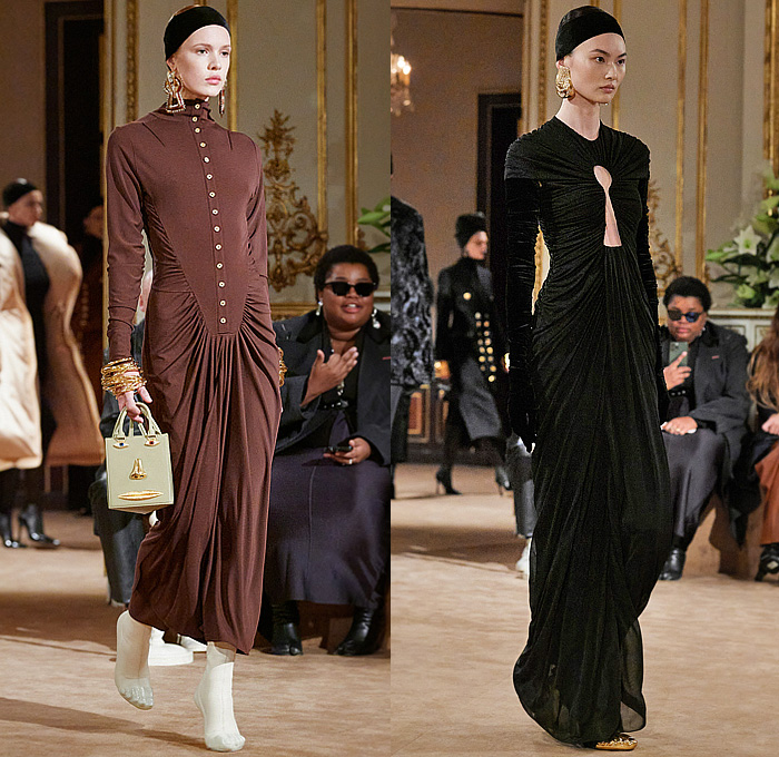 Schiaparelli 2023-2024 Fall Autumn Winter Womens Runway Collection - Paris Fashion Week Femme PFW - Hand-Painted Stencils Dove Keyhole Anatomy Silhouette Surrealist Bijoux Gold Buttons  Seashell Turtleneck Sweater Fur Velvet Blazer Head Wrap Headband Leg O'Mutton Sleeves Wool Quilted Puffer Parka Pillow Coat Cardigan Denim Jeans Worker Pants Pockets Pleats Miniskirt Cuffs Strapless Peplum Dress Cutout Coatdress Cone Breasts Tights Heels Face Bag Wrapped Heels Balaclava