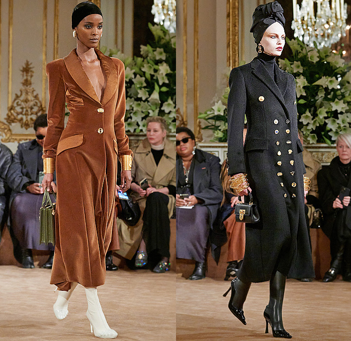 Schiaparelli 2023-2024 Fall Autumn Winter Womens Runway Collection - Paris Fashion Week Femme PFW - Hand-Painted Stencils Dove Keyhole Anatomy Silhouette Surrealist Bijoux Gold Buttons  Seashell Turtleneck Sweater Fur Velvet Blazer Head Wrap Headband Leg O'Mutton Sleeves Wool Quilted Puffer Parka Pillow Coat Cardigan Denim Jeans Worker Pants Pockets Pleats Miniskirt Cuffs Strapless Peplum Dress Cutout Coatdress Cone Breasts Tights Heels Face Bag Wrapped Heels Balaclava