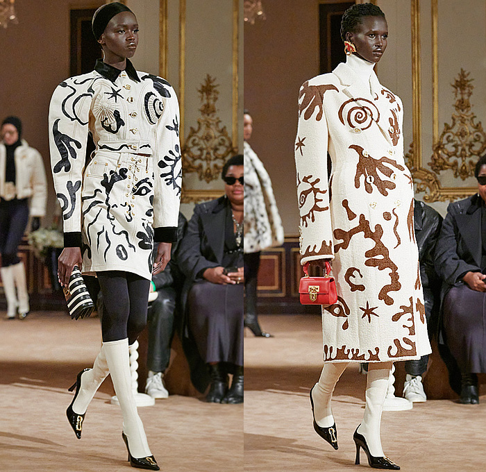 Schiaparelli 2023-2024 Fall Autumn Winter Womens Runway Collection - Paris Fashion Week Femme PFW - Hand-Painted Stencils Dove Keyhole Anatomy Silhouette Surrealist Bijoux Gold Buttons  Seashell Turtleneck Sweater Fur Velvet Blazer Head Wrap Headband Leg O'Mutton Sleeves Wool Quilted Puffer Parka Pillow Coat Cardigan Denim Jeans Worker Pants Pockets Pleats Miniskirt Cuffs Strapless Peplum Dress Cutout Coatdress Cone Breasts Tights Heels Face Bag Wrapped Heels Balaclava