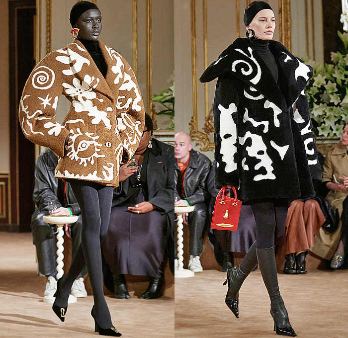 Schiaparelli 2023-2024 Fall Autumn Winter Womens Runway Collection - Paris Fashion Week Femme PFW - Hand-Painted Stencils Dove Keyhole Anatomy Silhouette Surrealist Bijoux Gold Buttons  Seashell Turtleneck Sweater Fur Velvet Blazer Head Wrap Headband Leg O'Mutton Sleeves Wool Quilted Puffer Parka Pillow Coat Cardigan Denim Jeans Worker Pants Pockets Pleats Miniskirt Cuffs Strapless Peplum Dress Cutout Coatdress Cone Breasts Tights Heels Face Bag Wrapped Heels Balaclava