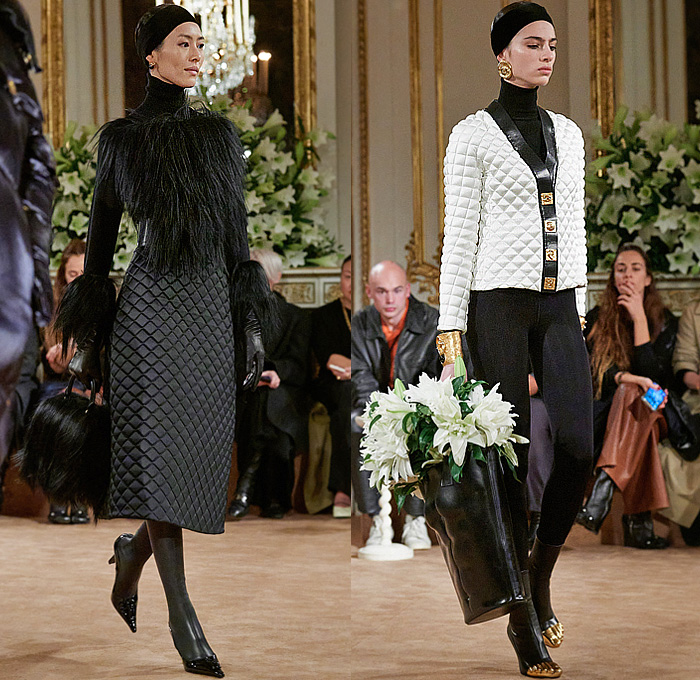 Schiaparelli 2023-2024 Fall Autumn Winter Womens Runway Collection - Paris Fashion Week Femme PFW - Hand-Painted Stencils Dove Keyhole Anatomy Silhouette Surrealist Bijoux Gold Buttons  Seashell Turtleneck Sweater Fur Velvet Blazer Head Wrap Headband Leg O'Mutton Sleeves Wool Quilted Puffer Parka Pillow Coat Cardigan Denim Jeans Worker Pants Pockets Pleats Miniskirt Cuffs Strapless Peplum Dress Cutout Coatdress Cone Breasts Tights Heels Face Bag Wrapped Heels Balaclava