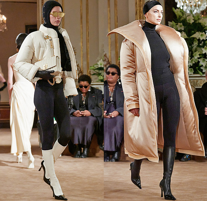 Schiaparelli 2023-2024 Fall Autumn Winter Womens Runway Collection - Paris Fashion Week Femme PFW - Hand-Painted Stencils Dove Keyhole Anatomy Silhouette Surrealist Bijoux Gold Buttons  Seashell Turtleneck Sweater Fur Velvet Blazer Head Wrap Headband Leg O'Mutton Sleeves Wool Quilted Puffer Parka Pillow Coat Cardigan Denim Jeans Worker Pants Pockets Pleats Miniskirt Cuffs Strapless Peplum Dress Cutout Coatdress Cone Breasts Tights Heels Face Bag Wrapped Heels Balaclava