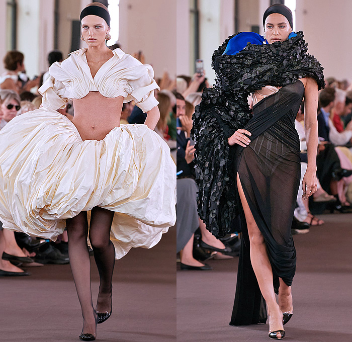 Schiaparelli 2023-2024 Fall Autumn Womens Haute Couture Runway Looks - Puff Ball Crop Top Midriff Trompe L'oeil Leaves Voluminous Shawl Sheer Tulle Curtain Draped Hair Giant Wooden Beads Hands Fringes Coat Paint Smudges Wide Lapel Gold Doves Keyhole Floppy Skirt Tights Stockings Headband Ears Blazer Sculpture Crystals Gems Branches Miniskirt Wires Loops Nuggets Tiles Mesh Stones Mirrors Safety Pins Gradient Turtleneck Corset Wide Leg Palazzo Pants Lace Apple Bag