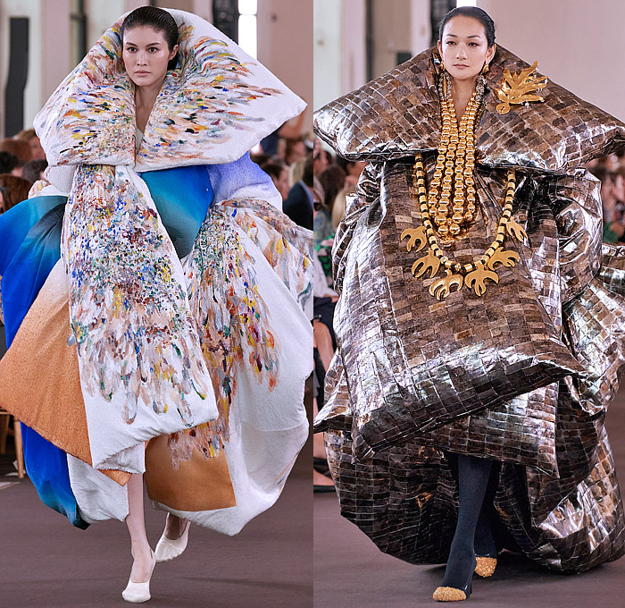 Schiaparelli 2023-2024 Fall Autumn Womens Haute Couture Runway Looks - Puff Ball Crop Top Midriff Trompe L'oeil Leaves Voluminous Shawl Sheer Tulle Curtain Draped Hair Giant Wooden Beads Hands Fringes Coat Paint Smudges Wide Lapel Gold Doves Keyhole Floppy Skirt Tights Stockings Headband Ears Blazer Sculpture Crystals Gems Branches Miniskirt Wires Loops Nuggets Tiles Mesh Stones Mirrors Safety Pins Gradient Turtleneck Corset Wide Leg Palazzo Pants Lace Apple Bag