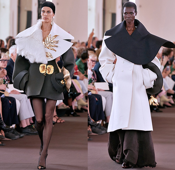 Schiaparelli 2023-2024 Fall Autumn Womens Haute Couture Runway Looks - Puff Ball Crop Top Midriff Trompe L'oeil Leaves Voluminous Shawl Sheer Tulle Curtain Draped Hair Giant Wooden Beads Hands Fringes Coat Paint Smudges Wide Lapel Gold Doves Keyhole Floppy Skirt Tights Stockings Headband Ears Blazer Sculpture Crystals Gems Branches Miniskirt Wires Loops Nuggets Tiles Mesh Stones Mirrors Safety Pins Gradient Turtleneck Corset Wide Leg Palazzo Pants Lace Apple Bag