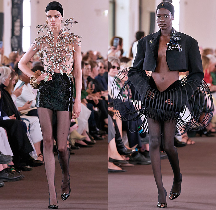 Schiaparelli 2023-2024 Fall Autumn Womens Haute Couture Runway Looks - Puff Ball Crop Top Midriff Trompe L'oeil Leaves Voluminous Shawl Sheer Tulle Curtain Draped Hair Giant Wooden Beads Hands Fringes Coat Paint Smudges Wide Lapel Gold Doves Keyhole Floppy Skirt Tights Stockings Headband Ears Blazer Sculpture Crystals Gems Branches Miniskirt Wires Loops Nuggets Tiles Mesh Stones Mirrors Safety Pins Gradient Turtleneck Corset Wide Leg Palazzo Pants Lace Apple Bag