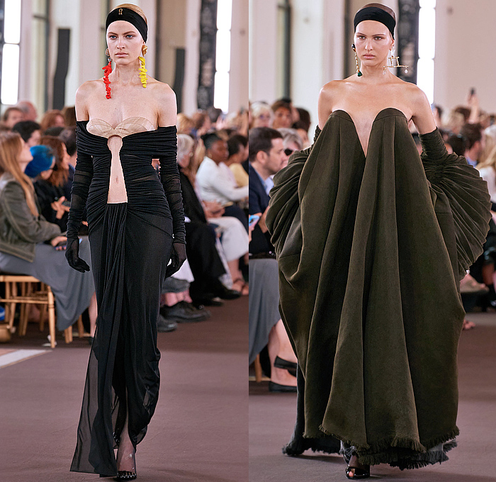 Schiaparelli 2023-2024 Fall Autumn Womens Haute Couture Runway Looks - Puff Ball Crop Top Midriff Trompe L'oeil Leaves Voluminous Shawl Sheer Tulle Curtain Draped Hair Giant Wooden Beads Hands Fringes Coat Paint Smudges Wide Lapel Gold Doves Keyhole Floppy Skirt Tights Stockings Headband Ears Blazer Sculpture Crystals Gems Branches Miniskirt Wires Loops Nuggets Tiles Mesh Stones Mirrors Safety Pins Gradient Turtleneck Corset Wide Leg Palazzo Pants Lace Apple Bag