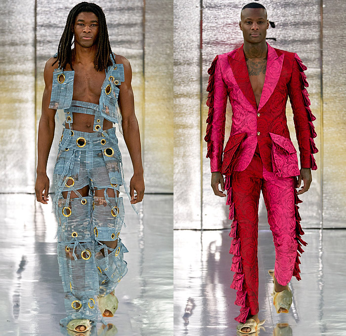 Selam Fessahaye 2023-2024 Fall Autumn Winter Mens Runway Looks - Copenhagen Fashion Week CPHFW Denmark - A Nod to Us - Grommets Brass Metal Rings Cargo Utility Pockets Sheer Strings Straps Cutout Holes Jacquard Brocade Flowers Floral Plants Garden Roses Suit Blazer Jacket Zigzag Sequins Stripes Patchwork Hybrid Deconstructed Wide Leg Slouchy Crop Top Midriff Zipper Long Sleeve Shirt Fish Sandals