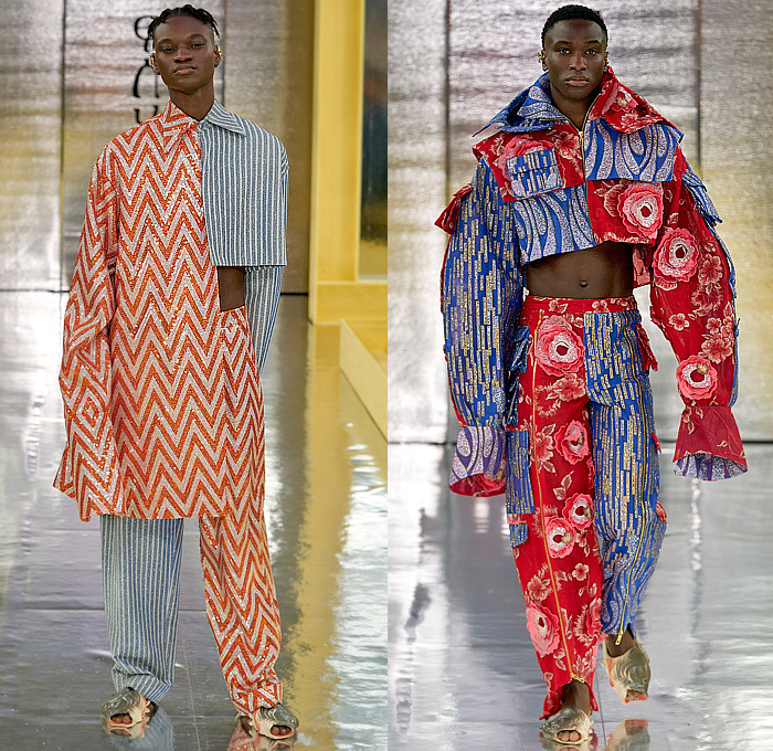 Selam Fessahaye 2023-2024 Fall Autumn Winter Mens Runway Looks - Copenhagen Fashion Week CPHFW Denmark - A Nod to Us - Grommets Brass Metal Rings Cargo Utility Pockets Sheer Strings Straps Cutout Holes Jacquard Brocade Flowers Floral Plants Garden Roses Suit Blazer Jacket Zigzag Sequins Stripes Patchwork Hybrid Deconstructed Wide Leg Slouchy Crop Top Midriff Zipper Long Sleeve Shirt Fish Sandals