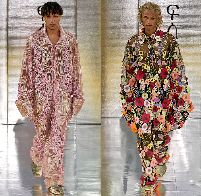 Selam Fessahaye 2023-2024 Fall Autumn Winter Mens Runway Looks - Copenhagen Fashion Week CPHFW Denmark - A Nod to Us - Grommets Brass Metal Rings Cargo Utility Pockets Sheer Strings Straps Cutout Holes Jacquard Brocade Flowers Floral Plants Garden Roses Suit Blazer Jacket Zigzag Sequins Stripes Patchwork Hybrid Deconstructed Wide Leg Slouchy Crop Top Midriff Zipper Long Sleeve Shirt Fish Sandals