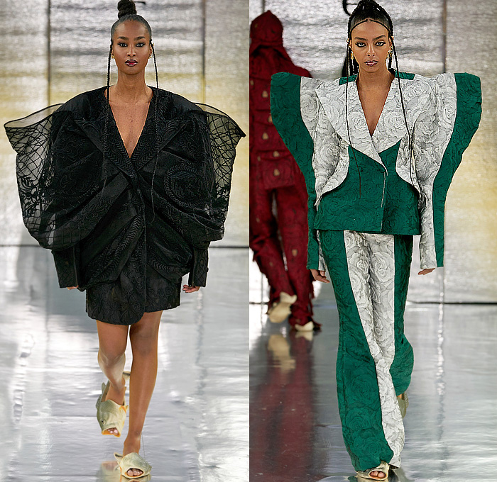 Selam Fessahaye 2023-2024 Fall Autumn Winter Womens Runway Looks - Copenhagen Fashion Week CPHFW Denmark - A Nod to Us - Oversized Butterfly Wings Blazer Trench Coat Sheer Tulle Mesh Embroidery Jacquard Brocade Frankenstein Shoulders Leg O'Mutton Pantsuit Wide Leg Cutout Holes Animals Shorts Sequins Crystals Studs Zipper Onesie Jumpsuit Asymmetrical Bustier Flowers Floral Roses Pockets Lace World Map Hijab Egyptian Camouflage Quilted Puffer Fish Sandals