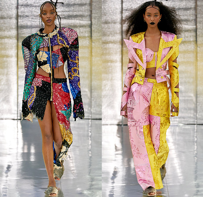 Selam Fessahaye 2023-2024 Fall Autumn Winter Womens Runway Looks - Copenhagen Fashion Week CPHFW Denmark - A Nod to Us - Oversized Butterfly Wings Blazer Trench Coat Sheer Tulle Mesh Embroidery Jacquard Brocade Frankenstein Shoulders Leg O'Mutton Pantsuit Wide Leg Cutout Holes Animals Shorts Sequins Crystals Studs Zipper Onesie Jumpsuit Asymmetrical Bustier Flowers Floral Roses Pockets Lace World Map Hijab Egyptian Camouflage Quilted Puffer Fish Sandals