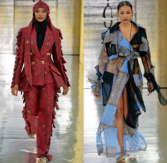 Selam Fessahaye 2023-2024 Fall Autumn Winter Womens Runway Looks - Copenhagen Fashion Week CPHFW Denmark - A Nod to Us - Oversized Butterfly Wings Blazer Trench Coat Sheer Tulle Mesh Embroidery Jacquard Brocade Frankenstein Shoulders Leg O'Mutton Pantsuit Wide Leg Cutout Holes Animals Shorts Sequins Crystals Studs Zipper Onesie Jumpsuit Asymmetrical Bustier Flowers Floral Roses Pockets Lace World Map Hijab Egyptian Camouflage Quilted Puffer Fish Sandals