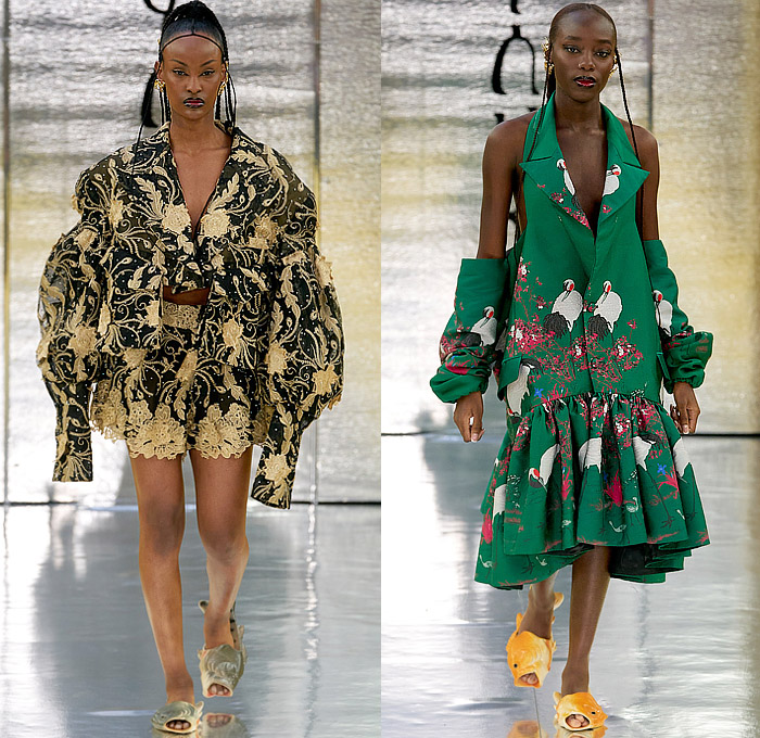 Selam Fessahaye 2023-2024 Fall Autumn Winter Womens Runway Looks - Copenhagen Fashion Week CPHFW Denmark - A Nod to Us - Oversized Butterfly Wings Blazer Trench Coat Sheer Tulle Mesh Embroidery Jacquard Brocade Frankenstein Shoulders Leg O'Mutton Pantsuit Wide Leg Cutout Holes Animals Shorts Sequins Crystals Studs Zipper Onesie Jumpsuit Asymmetrical Bustier Flowers Floral Roses Pockets Lace World Map Hijab Egyptian Camouflage Quilted Puffer Fish Sandals