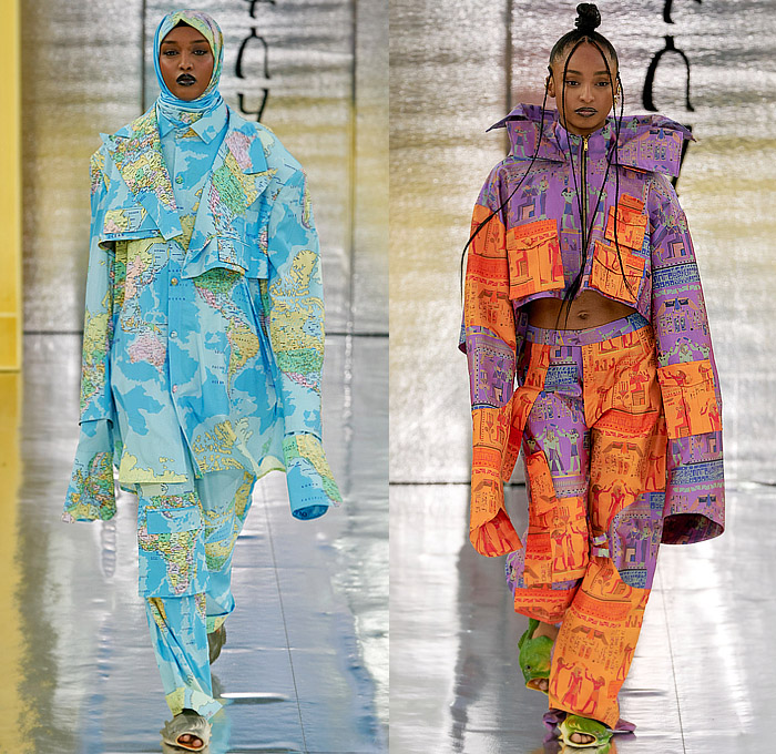 Selam Fessahaye 2023-2024 Fall Autumn Winter Womens Runway Looks - Copenhagen Fashion Week CPHFW Denmark - A Nod to Us - Oversized Butterfly Wings Blazer Trench Coat Sheer Tulle Mesh Embroidery Jacquard Brocade Frankenstein Shoulders Leg O'Mutton Pantsuit Wide Leg Cutout Holes Animals Shorts Sequins Crystals Studs Zipper Onesie Jumpsuit Asymmetrical Bustier Flowers Floral Roses Pockets Lace World Map Hijab Egyptian Camouflage Quilted Puffer Fish Sandals