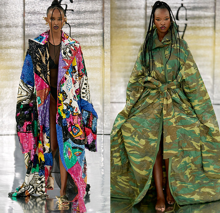 Selam Fessahaye 2023-2024 Fall Autumn Winter Womens Runway Looks - Copenhagen Fashion Week CPHFW Denmark - A Nod to Us - Oversized Butterfly Wings Blazer Trench Coat Sheer Tulle Mesh Embroidery Jacquard Brocade Frankenstein Shoulders Leg O'Mutton Pantsuit Wide Leg Cutout Holes Animals Shorts Sequins Crystals Studs Zipper Onesie Jumpsuit Asymmetrical Bustier Flowers Floral Roses Pockets Lace World Map Hijab Egyptian Camouflage Quilted Puffer Fish Sandals