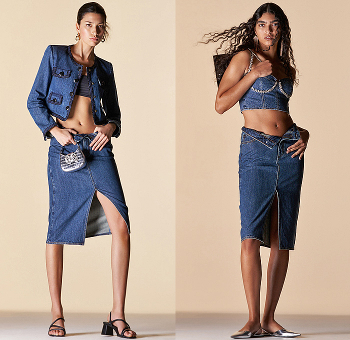 Self-Portrait by Han Chong 2023 Pre-Fall Autumn Womens Lookbook - Denim Jeans Babydoll Dress Bow Ribbon Lace Embroidery Tiered Bib Peter Pan Collar Crop Top Midriff Jacket Miniskirt Accordion Pleats Bedazzled Crystals Studs Sequins Cutout Pockets Cargo Pants Wide Leg Bralette Shorts Cutoffs Long Sleeve Bandeau Knit Cardigan Strings Tied Gown Strapless Sheer Micro Bag Flats 