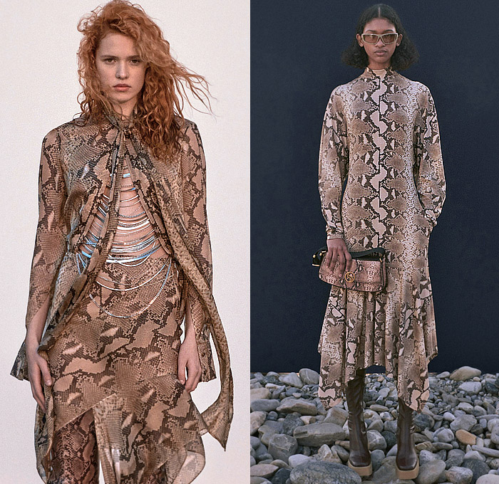 Stella McCartney 2023 Pre-Fall Autumn Womens Lookbook Top Picks - Snake Long Sleeve Blouse Sheer Chiffon Chain Dress Patchwork Denim Jeans Wide Leg Oversized Cargo Pockets Leather Blazer Jacket Halterneck Halter Top Camisole Intimates Lingerie Lace Mesh Embroidery Silk Satin Shirtdress Tights Leggings Crop Top Midriff Bandeau Knit Sweater Miniskirt Tweed Frayed Raw Hem Sweaterdress Fins Bedazzled Pearls Skirt Coat Robe Check Plaid Fur Stripes Handbag Boots Heels