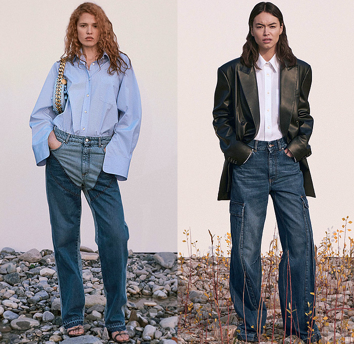 Stella McCartney 2023 Pre-Fall Autumn Womens Lookbook Top Picks - Snake Long Sleeve Blouse Sheer Chiffon Chain Dress Patchwork Denim Jeans Wide Leg Oversized Cargo Pockets Leather Blazer Jacket Halterneck Halter Top Camisole Intimates Lingerie Lace Mesh Embroidery Silk Satin Shirtdress Tights Leggings Crop Top Midriff Bandeau Knit Sweater Miniskirt Tweed Frayed Raw Hem Sweaterdress Fins Bedazzled Pearls Skirt Coat Robe Check Plaid Fur Stripes Handbag Boots Heels