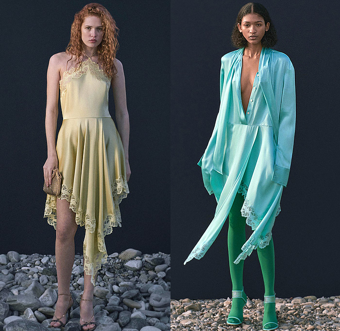 Stella McCartney 2023 Pre-Fall Autumn Womens Lookbook Top Picks - Snake Long Sleeve Blouse Sheer Chiffon Chain Dress Patchwork Denim Jeans Wide Leg Oversized Cargo Pockets Leather Blazer Jacket Halterneck Halter Top Camisole Intimates Lingerie Lace Mesh Embroidery Silk Satin Shirtdress Tights Leggings Crop Top Midriff Bandeau Knit Sweater Miniskirt Tweed Frayed Raw Hem Sweaterdress Fins Bedazzled Pearls Skirt Coat Robe Check Plaid Fur Stripes Handbag Boots Heels