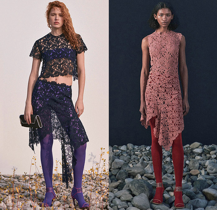 Stella McCartney 2023 Pre-Fall Autumn Womens Lookbook Top Picks - Snake Long Sleeve Blouse Sheer Chiffon Chain Dress Patchwork Denim Jeans Wide Leg Oversized Cargo Pockets Leather Blazer Jacket Halterneck Halter Top Camisole Intimates Lingerie Lace Mesh Embroidery Silk Satin Shirtdress Tights Leggings Crop Top Midriff Bandeau Knit Sweater Miniskirt Tweed Frayed Raw Hem Sweaterdress Fins Bedazzled Pearls Skirt Coat Robe Check Plaid Fur Stripes Handbag Boots Heels