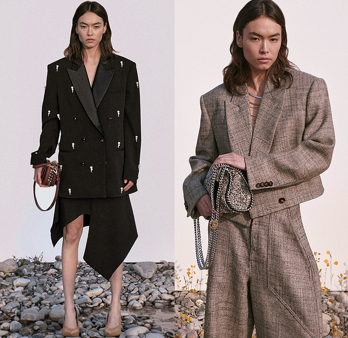 Stella McCartney 2023 Pre-Fall Autumn Womens Lookbook Top Picks - Snake Long Sleeve Blouse Sheer Chiffon Chain Dress Patchwork Denim Jeans Wide Leg Oversized Cargo Pockets Leather Blazer Jacket Halterneck Halter Top Camisole Intimates Lingerie Lace Mesh Embroidery Silk Satin Shirtdress Tights Leggings Crop Top Midriff Bandeau Knit Sweater Miniskirt Tweed Frayed Raw Hem Sweaterdress Fins Bedazzled Pearls Skirt Coat Robe Check Plaid Fur Stripes Handbag Boots Heels