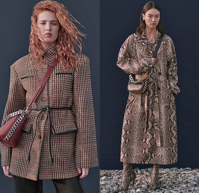 Stella McCartney 2023 Pre-Fall Autumn Womens Lookbook Top Picks - Snake Long Sleeve Blouse Sheer Chiffon Chain Dress Patchwork Denim Jeans Wide Leg Oversized Cargo Pockets Leather Blazer Jacket Halterneck Halter Top Camisole Intimates Lingerie Lace Mesh Embroidery Silk Satin Shirtdress Tights Leggings Crop Top Midriff Bandeau Knit Sweater Miniskirt Tweed Frayed Raw Hem Sweaterdress Fins Bedazzled Pearls Skirt Coat Robe Check Plaid Fur Stripes Handbag Boots Heels