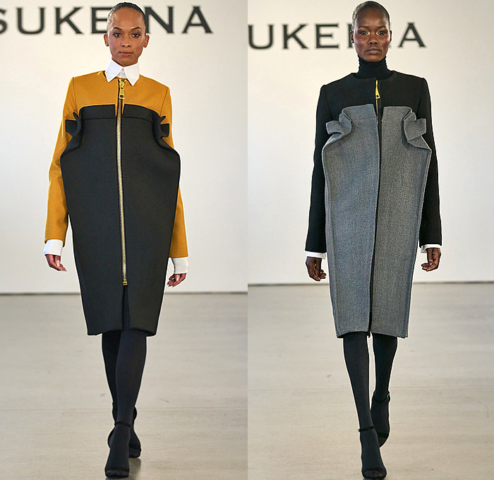 Sukeina by Omar Salam 2023-2024 Fall Autumn Winter Womens Runway Collection - New York Fashion Week NYFW - Final Flood - Origami Fold Sculpture Long Sleeve Onesie Shirtdress Blousedress Wool Oversized Zipper Turtleneck Pinafore Dress Dress Fur Furry Zigzag Tiered Stripes Sheer Tulle Blouse Bedazzled Sequins Adorned Embellished Decorated Knit Patchwork Pockets Pencil Skirt Bell Sleeves Miniskirt Plants Silhouette Gown Tights Leggings