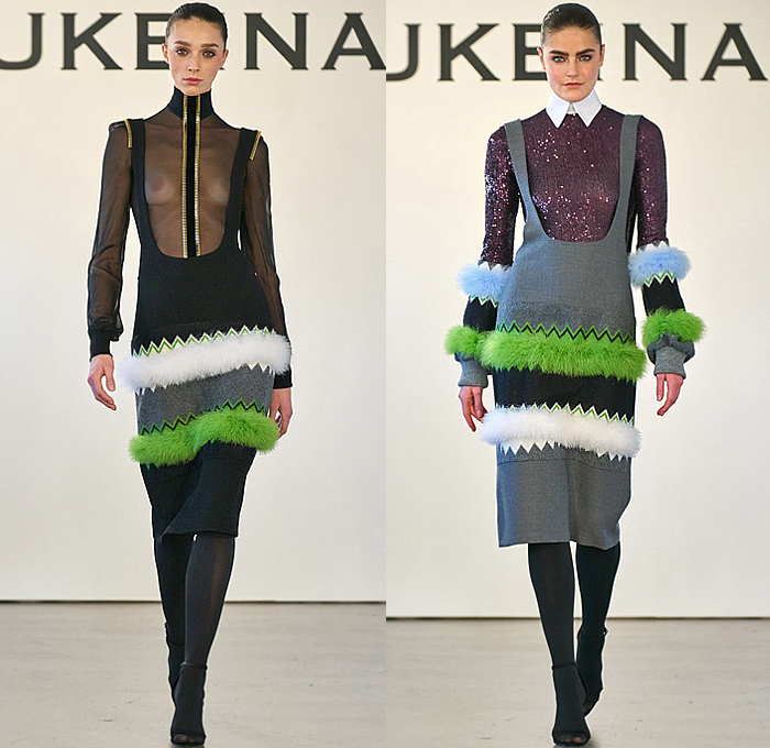 Sukeina by Omar Salam 2023-2024 Fall Autumn Winter Womens Runway Collection - New York Fashion Week NYFW - Final Flood - Origami Fold Sculpture Long Sleeve Onesie Shirtdress Blousedress Wool Oversized Zipper Turtleneck Pinafore Dress Dress Fur Furry Zigzag Tiered Stripes Sheer Tulle Blouse Bedazzled Sequins Adorned Embellished Decorated Knit Patchwork Pockets Pencil Skirt Bell Sleeves Miniskirt Plants Silhouette Gown Tights Leggings