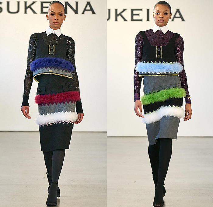 Sukeina by Omar Salam 2023-2024 Fall Autumn Winter Womens Runway Collection - New York Fashion Week NYFW - Final Flood - Origami Fold Sculpture Long Sleeve Onesie Shirtdress Blousedress Wool Oversized Zipper Turtleneck Pinafore Dress Dress Fur Furry Zigzag Tiered Stripes Sheer Tulle Blouse Bedazzled Sequins Adorned Embellished Decorated Knit Patchwork Pockets Pencil Skirt Bell Sleeves Miniskirt Plants Silhouette Gown Tights Leggings