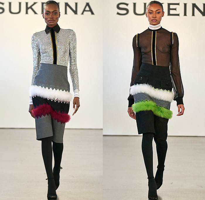 Sukeina by Omar Salam 2023-2024 Fall Autumn Winter Womens Runway Collection - New York Fashion Week NYFW - Final Flood - Origami Fold Sculpture Long Sleeve Onesie Shirtdress Blousedress Wool Oversized Zipper Turtleneck Pinafore Dress Dress Fur Furry Zigzag Tiered Stripes Sheer Tulle Blouse Bedazzled Sequins Adorned Embellished Decorated Knit Patchwork Pockets Pencil Skirt Bell Sleeves Miniskirt Plants Silhouette Gown Tights Leggings