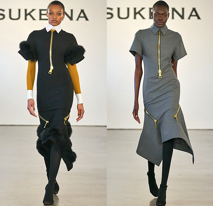 Sukeina by Omar Salam 2023-2024 Fall Autumn Winter Womens Runway Collection - New York Fashion Week NYFW - Final Flood - Origami Fold Sculpture Long Sleeve Onesie Shirtdress Blousedress Wool Oversized Zipper Turtleneck Pinafore Dress Dress Fur Furry Zigzag Tiered Stripes Sheer Tulle Blouse Bedazzled Sequins Adorned Embellished Decorated Knit Patchwork Pockets Pencil Skirt Bell Sleeves Miniskirt Plants Silhouette Gown Tights Leggings