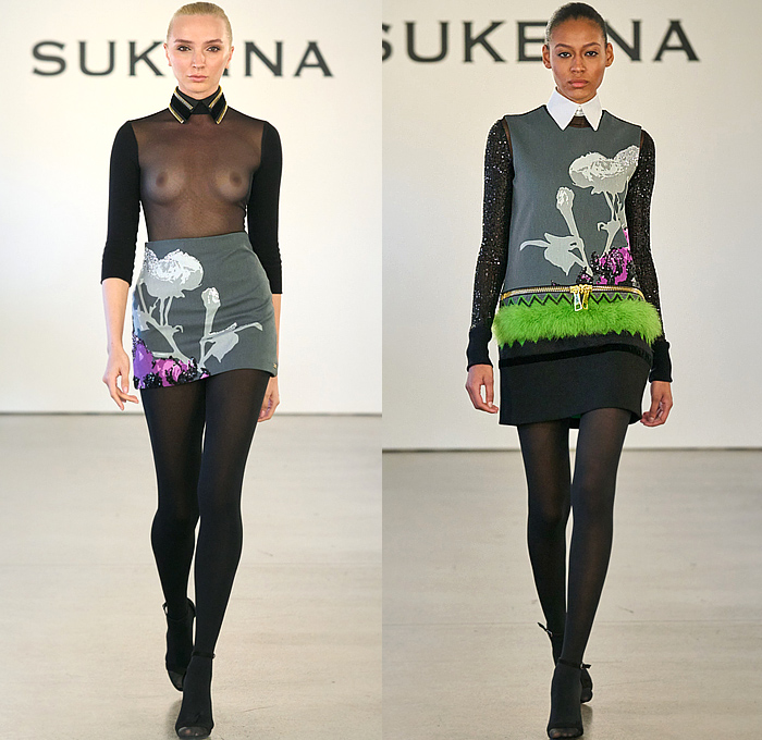 Sukeina by Omar Salam 2023-2024 Fall Autumn Winter Womens Runway Collection - New York Fashion Week NYFW - Final Flood - Origami Fold Sculpture Long Sleeve Onesie Shirtdress Blousedress Wool Oversized Zipper Turtleneck Pinafore Dress Dress Fur Furry Zigzag Tiered Stripes Sheer Tulle Blouse Bedazzled Sequins Adorned Embellished Decorated Knit Patchwork Pockets Pencil Skirt Bell Sleeves Miniskirt Plants Silhouette Gown Tights Leggings