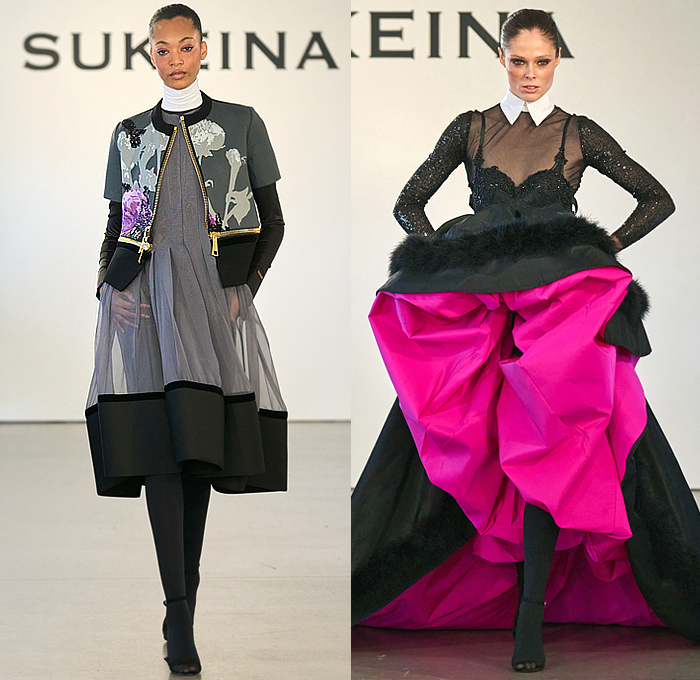 Sukeina by Omar Salam 2023-2024 Fall Autumn Winter Womens Runway Collection - New York Fashion Week NYFW - Final Flood - Origami Fold Sculpture Long Sleeve Onesie Shirtdress Blousedress Wool Oversized Zipper Turtleneck Pinafore Dress Dress Fur Furry Zigzag Tiered Stripes Sheer Tulle Blouse Bedazzled Sequins Adorned Embellished Decorated Knit Patchwork Pockets Pencil Skirt Bell Sleeves Miniskirt Plants Silhouette Gown Tights Leggings