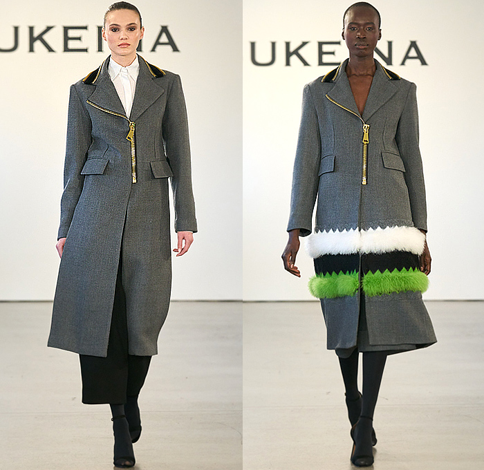 Sukeina by Omar Salam 2023-2024 Fall Autumn Winter Womens Runway Collection - New York Fashion Week NYFW - Final Flood - Origami Fold Sculpture Long Sleeve Onesie Shirtdress Blousedress Wool Oversized Zipper Turtleneck Pinafore Dress Dress Fur Furry Zigzag Tiered Stripes Sheer Tulle Blouse Bedazzled Sequins Adorned Embellished Decorated Knit Patchwork Pockets Pencil Skirt Bell Sleeves Miniskirt Plants Silhouette Gown Tights Leggings