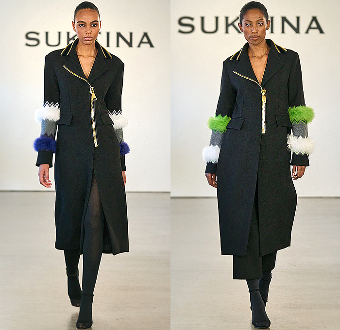 Sukeina by Omar Salam 2023-2024 Fall Autumn Winter Womens Runway Collection - New York Fashion Week NYFW - Final Flood - Origami Fold Sculpture Long Sleeve Onesie Shirtdress Blousedress Wool Oversized Zipper Turtleneck Pinafore Dress Dress Fur Furry Zigzag Tiered Stripes Sheer Tulle Blouse Bedazzled Sequins Adorned Embellished Decorated Knit Patchwork Pockets Pencil Skirt Bell Sleeves Miniskirt Plants Silhouette Gown Tights Leggings