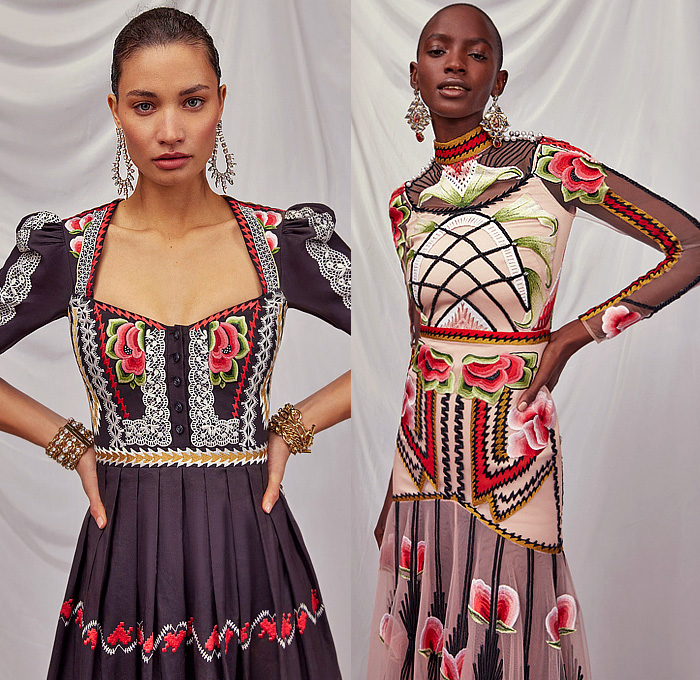 Temperley London 2023-2024 Fall Autumn Winter Womens Lookbook Presentation - London Fashion Week Collections UK - Western Mexican Embroidery Swirls Flowers Floral Crystals Tassels Fringes Sequins Poufy Shoulders Accordion Pleats Sheer Tulle Pearls Zigzag Lattice Gown Feathers Hearts Leaves Draped Prairie Dress Blazer Jacket Velvet Pantsuit Coat Robe Golden Metallic Fur Studs Headdress Boots Hat