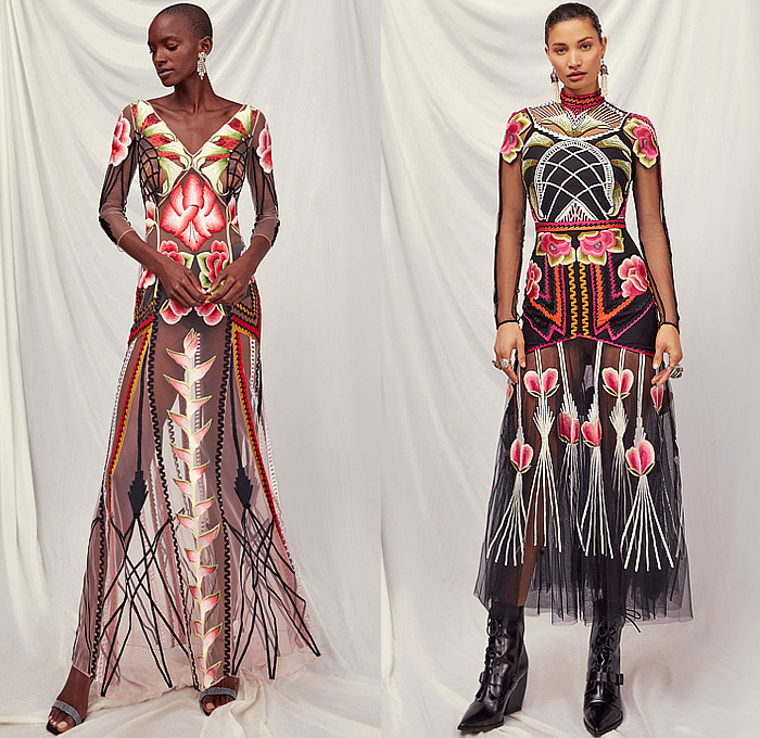 Temperley London 2023-2024 Fall Autumn Winter Womens Lookbook Presentation - London Fashion Week Collections UK - Western Mexican Embroidery Swirls Flowers Floral Crystals Tassels Fringes Sequins Poufy Shoulders Accordion Pleats Sheer Tulle Pearls Zigzag Lattice Gown Feathers Hearts Leaves Draped Prairie Dress Blazer Jacket Velvet Pantsuit Coat Robe Golden Metallic Fur Studs Headdress Boots Hat