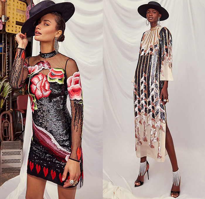 Temperley London 2023-2024 Fall Autumn Winter Womens Lookbook Presentation - London Fashion Week Collections UK - Western Mexican Embroidery Swirls Flowers Floral Crystals Tassels Fringes Sequins Poufy Shoulders Accordion Pleats Sheer Tulle Pearls Zigzag Lattice Gown Feathers Hearts Leaves Draped Prairie Dress Blazer Jacket Velvet Pantsuit Coat Robe Golden Metallic Fur Studs Headdress Boots Hat