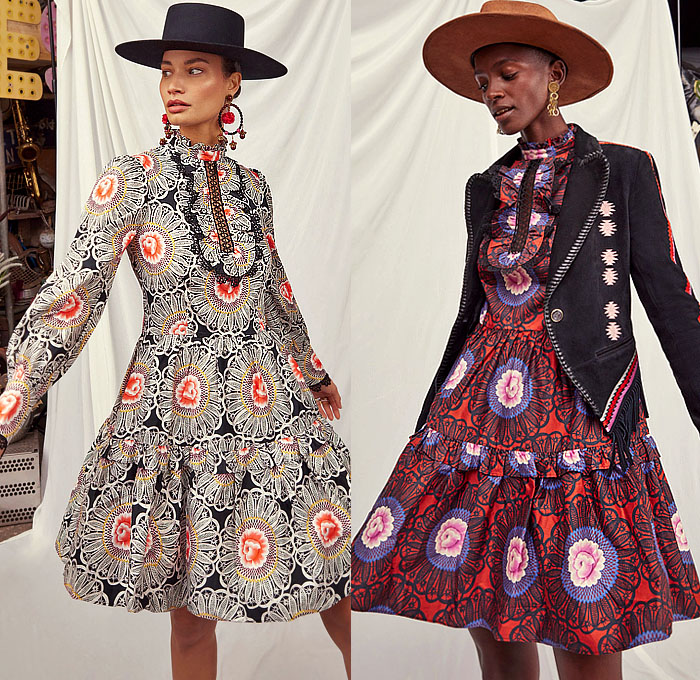 Temperley London 2023-2024 Fall Autumn Winter Womens Lookbook Presentation - London Fashion Week Collections UK - Western Mexican Embroidery Swirls Flowers Floral Crystals Tassels Fringes Sequins Poufy Shoulders Accordion Pleats Sheer Tulle Pearls Zigzag Lattice Gown Feathers Hearts Leaves Draped Prairie Dress Blazer Jacket Velvet Pantsuit Coat Robe Golden Metallic Fur Studs Headdress Boots Hat
