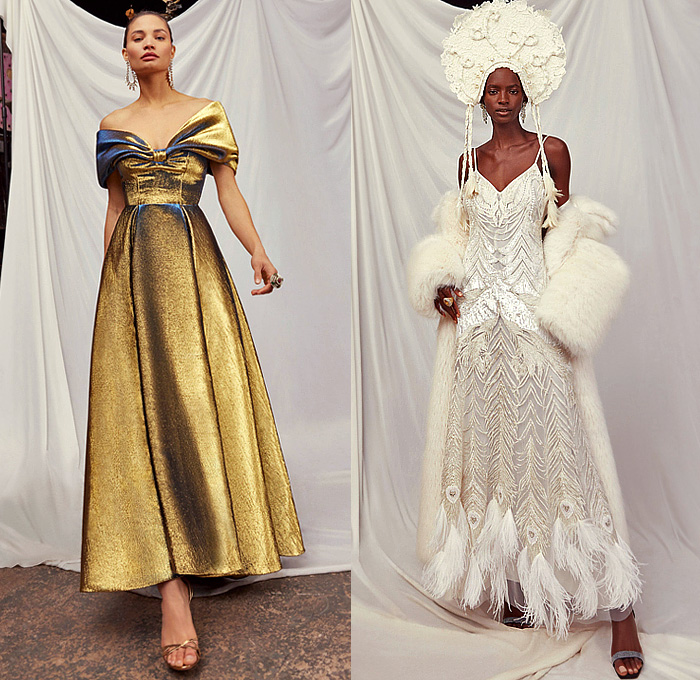 Temperley London 2023-2024 Fall Autumn Winter Womens Lookbook Presentation - London Fashion Week Collections UK - Western Mexican Embroidery Swirls Flowers Floral Crystals Tassels Fringes Sequins Poufy Shoulders Accordion Pleats Sheer Tulle Pearls Zigzag Lattice Gown Feathers Hearts Leaves Draped Prairie Dress Blazer Jacket Velvet Pantsuit Coat Robe Golden Metallic Fur Studs Headdress Boots Hat