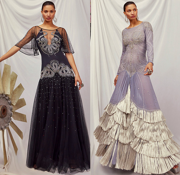 Temperley London 2023-2024 Fall Autumn Winter Womens Lookbook Presentation - London Fashion Week Collections UK - Western Mexican Embroidery Swirls Flowers Floral Crystals Tassels Fringes Sequins Poufy Shoulders Accordion Pleats Sheer Tulle Pearls Zigzag Lattice Gown Feathers Hearts Leaves Draped Prairie Dress Blazer Jacket Velvet Pantsuit Coat Robe Golden Metallic Fur Studs Headdress Boots Hat