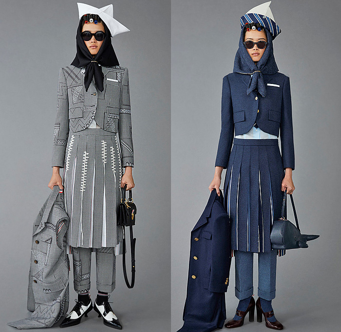 Thom Browne 2023 Pre-Fall Autumn Womens Lookbook Collection - Moby Dick Sailor Hat Sailboat Boat Ship Lighthouse Ocean Sea Whale Scarf Houndstooth Check Plaid Oversized Coat Blazer Jacket Stitches Accordion Pleats Stripes Pinstripe Herringbone Pencil Skirt Tights Leggings Tweed Quilted Puffer Patchwork Colorblock Drawstring Shorts Wool Dog-Mermaid Dachshund Bag Handbag Brogues Kitten Heels