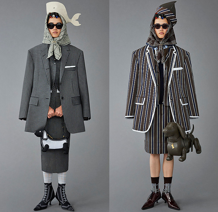 Thom Browne 2023 Pre-Fall Autumn Womens Lookbook Collection - Moby Dick Sailor Hat Sailboat Boat Ship Lighthouse Ocean Sea Whale Scarf Houndstooth Check Plaid Oversized Coat Blazer Jacket Stitches Accordion Pleats Stripes Pinstripe Herringbone Pencil Skirt Tights Leggings Tweed Quilted Puffer Patchwork Colorblock Drawstring Shorts Wool Dog-Mermaid Dachshund Bag Handbag Brogues Kitten Heels