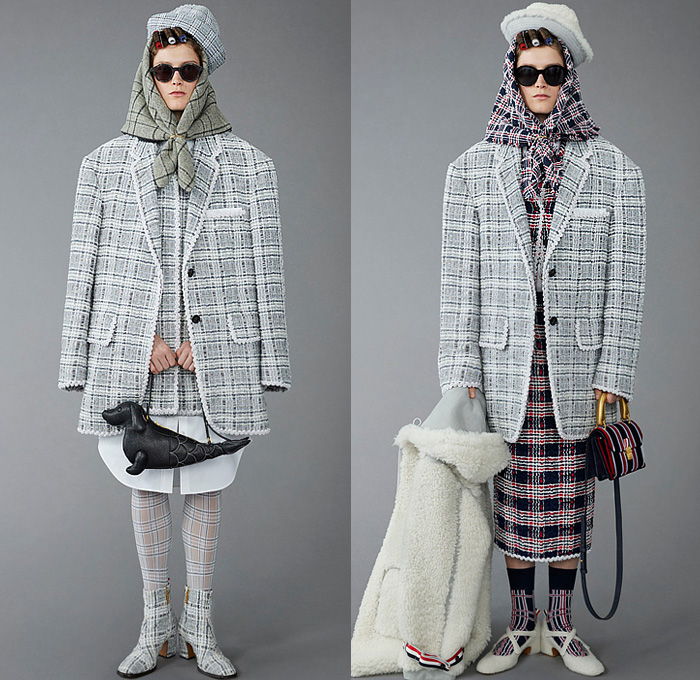 Thom Browne 2023 Pre-Fall Autumn Womens Lookbook Collection - Moby Dick Sailor Hat Sailboat Boat Ship Lighthouse Ocean Sea Whale Scarf Houndstooth Check Plaid Oversized Coat Blazer Jacket Stitches Accordion Pleats Stripes Pinstripe Herringbone Pencil Skirt Tights Leggings Tweed Quilted Puffer Patchwork Colorblock Drawstring Shorts Wool Dog-Mermaid Dachshund Bag Handbag Brogues Kitten Heels