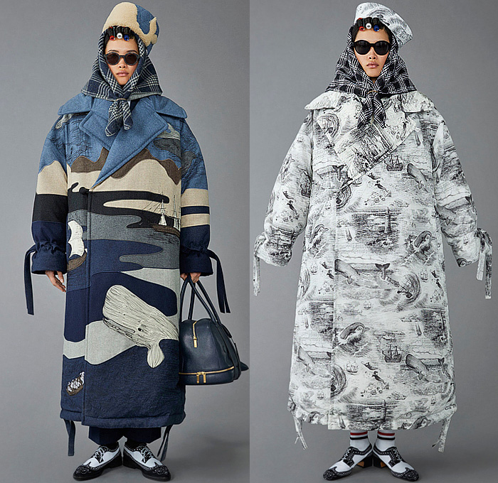 Thom Browne 2023 Pre-Fall Autumn Womens Lookbook Collection - Moby Dick Sailor Hat Sailboat Boat Ship Lighthouse Ocean Sea Whale Scarf Houndstooth Check Plaid Oversized Coat Blazer Jacket Stitches Accordion Pleats Stripes Pinstripe Herringbone Pencil Skirt Tights Leggings Tweed Quilted Puffer Patchwork Colorblock Drawstring Shorts Wool Dog-Mermaid Dachshund Bag Handbag Brogues Kitten Heels