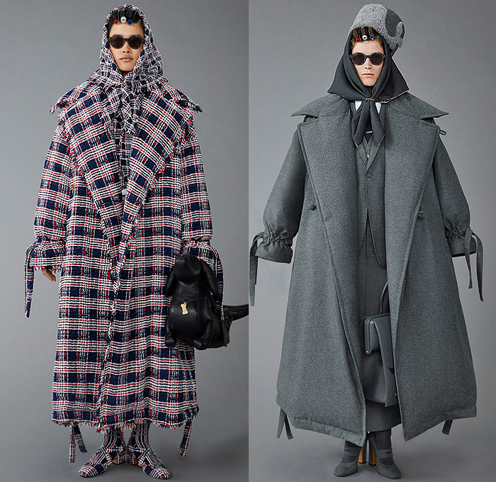 Thom Browne 2023 Pre-Fall Autumn Womens Lookbook Collection - Moby Dick Sailor Hat Sailboat Boat Ship Lighthouse Ocean Sea Whale Scarf Houndstooth Check Plaid Oversized Coat Blazer Jacket Stitches Accordion Pleats Stripes Pinstripe Herringbone Pencil Skirt Tights Leggings Tweed Quilted Puffer Patchwork Colorblock Drawstring Shorts Wool Dog-Mermaid Dachshund Bag Handbag Brogues Kitten Heels